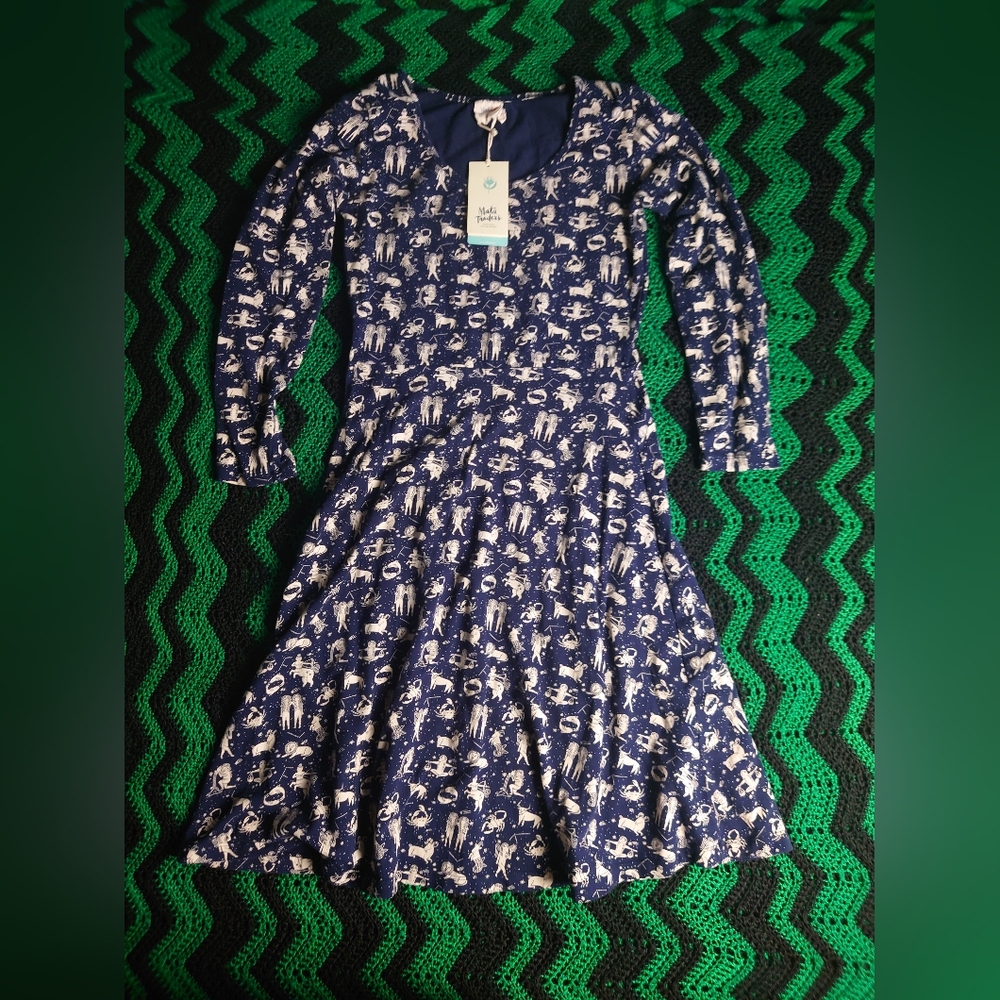 Rare Find NEW Mata Traders Zodiac Signs Organic Cotton LS Dress Modcloth Medium